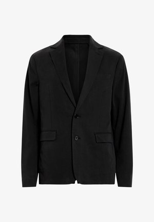 Blazer nero in tessuto texturizzato, con colletto a rever, due bottoni e due tasche frontali. Design semplice senza motivi.