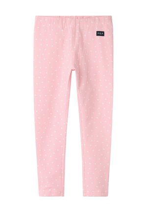 Rosa leggings til småbørn med hvide prikker og elastisk talje, med et lille sort "P.O.P" logo på den øverste venstre side.