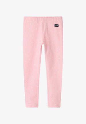 Roze peuterlegging met witte polka dots en elastische tailleband, met een klein zwart "P.O.P" logoplaatje aan de bovenste linkerkant.