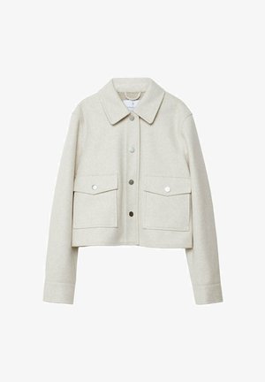 Cream-colored cropped jacket made of felted fabric, featuring a collar, front button closure, and two large flap pockets.