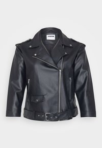 Black leather motorcycle jacket featuring a notched collar, asymmetrical zipper, side pockets, and a belted waist. Textured finish and metallic hardware.
