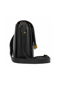 Black leather handbag with a structured shape, gold-tone hardware, adjustable strap, and smooth texture, featuring a top closure and side details.