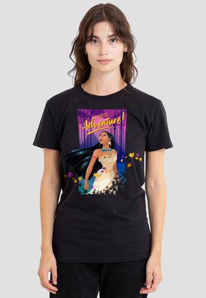 Black cotton T-shirt featuring an illustrated design with a figure and the text "Land of Adventure!" in vibrant colors against a purple background.