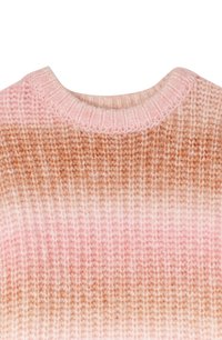 Maglione a maglia con collo rotondo, caratterizzato da un motivo a gradiente di tonalità rosa e marrone. Texture morbida con scollo e orlo a costine.