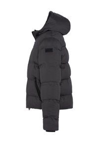 Puff jakke i mørkegrå med hætte; har et quiltet design, sidelommer med lynlås og logo-patch på brystet. Blødt, isoleret materiale.