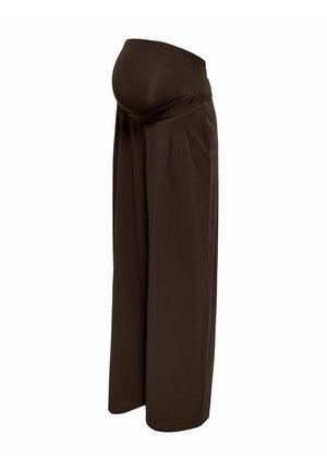 Pantalon de maternité large marron foncé avec une taille haute élastique conçue pour soutenir un ventre de femme enceinte.