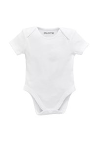 Witte short-sleeve bodysuit van zachte katoen. Heeft een ronde halslijn, drukknoopsluiting onderaan en een merketiket op de nek.
