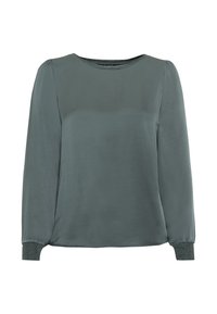 Maglietta a maniche lunghe, texturizzata in verde tenue. Presenta un collo rotondo e polsini aderenti, con un tessuto morbido e fluido. Senza motivi o decorazioni.