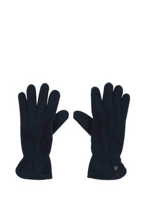 Guanti in fleece navy con cinque dita, polsino arricciato e piccolo logo. Texture morbida, progettati per calore e comfort.