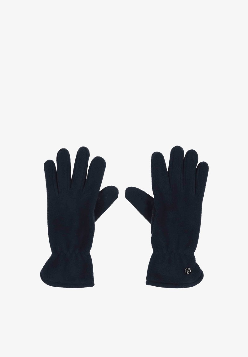 Tengeri kék fleece kesztyű öt ujjal, ráncolt csuklóval és kis logóval. Puha tapintású, meleg és kényelmes viseletre tervezve.