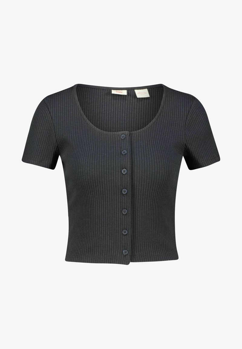 Haut court noir à manches courtes, en maille côtelée, avec un décolleté arrondi et six boutons sur le devant, conçu pour une coupe ajustée.