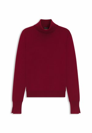 Burgundroter Rollkragenpullover; weiches Strickmaterial, taillierter Schnitt, lange Ärmel mit seitlichen Schlitzen am Saum, glatte Textur, minimales Design.