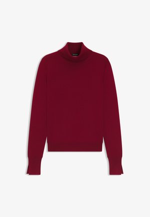 Bordeaux coltrui; zachte gebreide stof, aansluitend ontwerp, lange mouwen met zijsplitten aan de zoom, gladde textuur, minimale details.