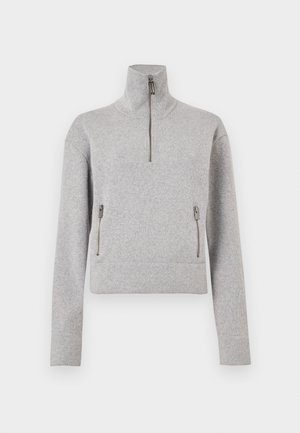 Gray zip-up sweatshirt with high collar, long sleeves, two front zip pockets, and a cropped design. Made from soft fabric with a smooth texture.