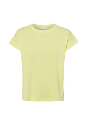 Jasnożółty damski t-shirt z krótkim rękawem, okrągłym dekoltem i niewielkimi podwiniętymi mankietami.