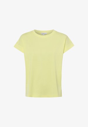 Hellgelbes Damen-T-Shirt mit kurzen Ärmeln, runder Halslinie und kleinen umgeschlagenen Bündchen.