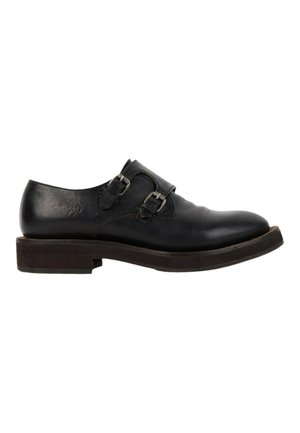 Chaussure habillée noire en cuir pour homme avec boucles à double bride monk et semelle basse marron foncé, vue de côté extérieur.
