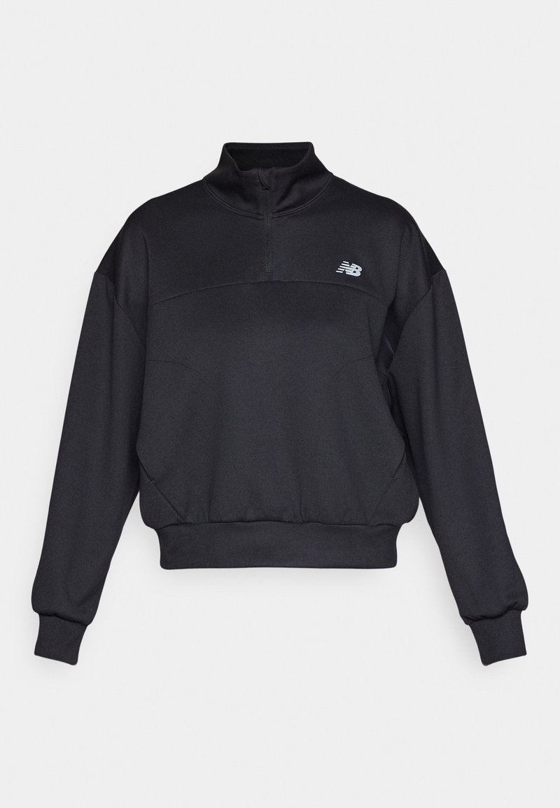 Felpa nera con colletto alto, chiusura a mezzo zip, polsini a coste e orlo elasticizzato; presenta un logo sul petto.