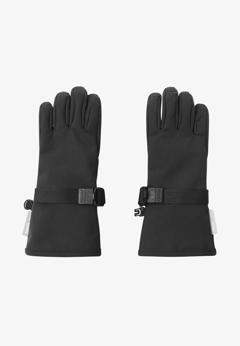 Schwarze Winterhandschuhe mit strukturiertem Äußeren, ausgestattet mit beweglichen Fingern und verstellbaren Riemen für einen sicheren Sitz. Glatte Innenfutter.