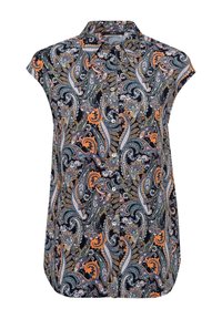 Chemisier sans manches avec un motif paisley coloré en orange, bleu et blanc sur un fond sombre et un col classique.