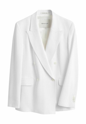 Witte dubbelgeknoopte blazer met inkeping revers, twee klepzakken en met knopen afgewerkte manchetten, gelabeld GANT, gemaakt in Italië.