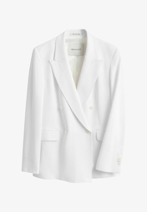 Witte dubbelgeknoopte blazer met inkeping revers, twee klepzakken en met knopen afgewerkte manchetten, gelabeld GANT, gemaakt in Italië.