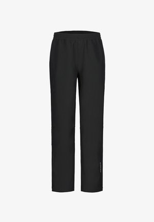 Mustat urheiluhousut, joissa on kuminauha vyötäröllä ja suora leikkaus. Valmistettu kevyestä kankaasta, jossa on pieni logo alhaalla sääressä.