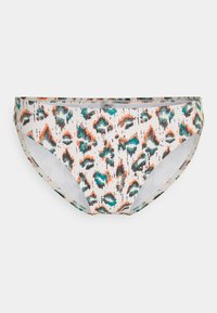 Parte de baixo de bikini com padrão de onça, feita de um tecido macio e elástico. Apresenta detalhes em teal, laranja e preto sobre um fundo claro. Design de cintura média.