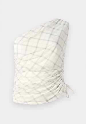 One-shoulder top in a light, checkered pattern of cream, gray, and subtle yellow. Features ruched detailing and drawstring accents.