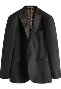 Schwarze Smokingjacke mit satinartigen Akzenten, Schalkragen, einem Knopfverschluss und einer geometrisch gemusterten goldenen Futter. Strukturierte Passform mit Taschen.