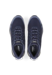 Navy blue athletic shoes with mesh upper, lace-up design, and textured rubber sole. Features a logo and contrasting accents for stability.