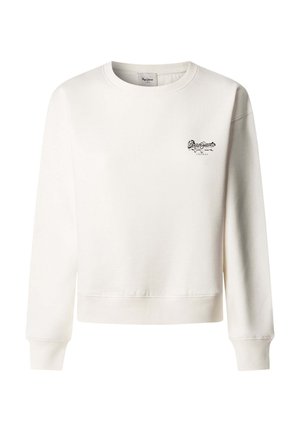 Roomkleurige sweatshirt van zacht materiaal, met een ronde hals, lange mouwen en een klein zwart logo op de linkerborst.