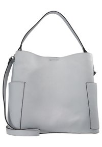 Sac en cuir gris à texture douce, design minimaliste, bandoulière unique et poches ouvertes de chaque côté pour une fonctionnalité accrue.