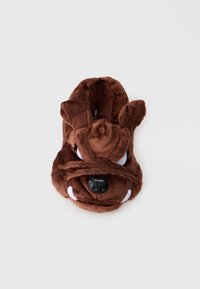 Brune plusslippers formet som et hundeansikt, med svart snut, hvite tenner og store øyne. Myk tekstur med oppreiste ører.