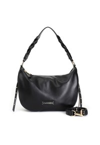 Borsa in pelle nera con una forma morbida, manico intrecciato, dettagli in metallo dorato e una tracolla rimovibile con borchie circolari.