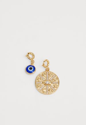 Gold-tone earrings featuring a circular charm with star and moon designs, adorned with clear stones, and a blue eye charm.