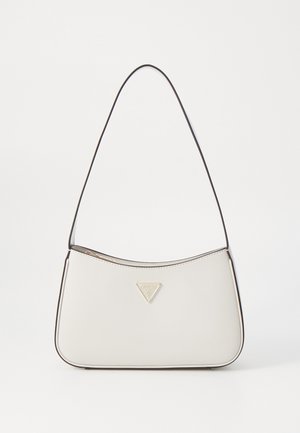 Beige synthetic handbag with a curved shape and black trim, featuring a triangular logo and a single shoulder strap. Smooth texture.