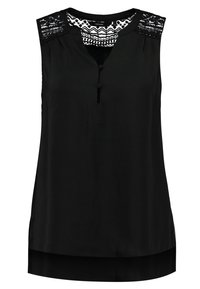 Musta hihaton paita, jossa on pitsikoristeet olkapäillä, nappilista ja hieman kaareva helma. Kaunis kangas ja rento istuvuus.