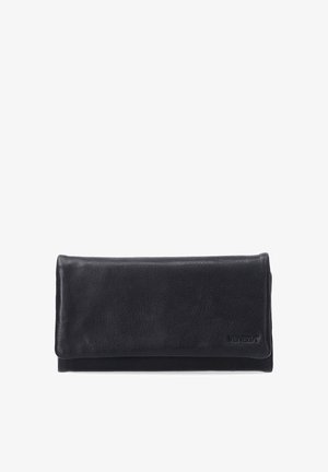 Black leather wallet with a textured finish, rectangular shape, and curved edges. Features branded logo embossed on the front.