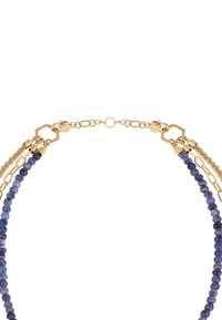 Guld kæde halskæde med blå sten perler, runde og facetterede, med teksturerede accenter og en sikker lobster clasp lukning.