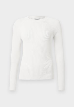Biała, długorękawowa, prążkowana bluzka z okrągłym dekoltem, o dopasowanym kroju i teksturowanym wzorze, podkreślająca komfort i strukturę.