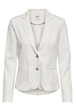 Blazer bianco con design aderente, rever a punta, due tasche frontali e chiusura a un bottone. Texture liscia, silhouette strutturata.