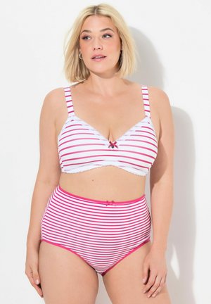 Gestreepte witte en roze beha en hoogopgestoken slip, met kantafwerking, strikaccenten en brede schouderbanden. Zacht katoenmateriaal.