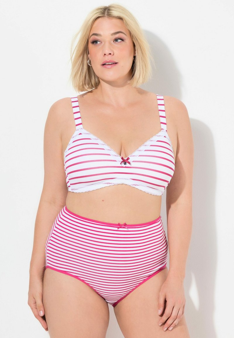 Reggiseno bianco e rosa a righe e mutandine a vita alta, con pizzo decorativo, dettagli a fiocco e spalline larghe. Materiale in cotone morbido.