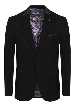 Zwarte herenblazer met enkele knoop, inkeping in de revers, twee voorzakken met klep, borstzak en een voering met paars paisley-patroon.
