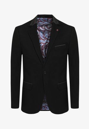 Schwarzer Herren-Blazer mit Ein-Knopf-Verschluss, Revers mit Kerbe, zwei aufgesetzten Fronttaschen, Brusttasche und lila Futter mit Paisley-Muster.
