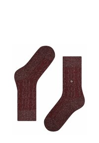 Calzini bordeaux con un design a coste testurizzato. Presentano una punta liscia e un piccolo accento argento su un calzino. Tessuto lavorato a maglia morbido.