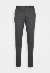 Harmaa ruudullinen housu, jossa on slim fit -malli, nappisulku ja hienovarainen tekstuuri. Räätälöity, sileä kangas, jossa on etutaskut.
