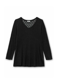 Černý pletený top s výstřihem do V, tříčtvrtečními rukávy a vroubkovaným lemem. Celoplošný texturovaný vzor. Lehký materiál.