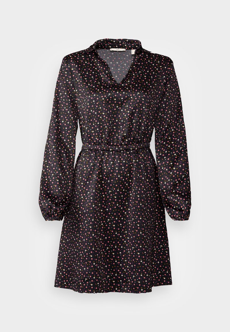 Robe noire à manches longues, col chemise et taille élastiquée. Dotée d'un motif coloré d'étoiles sur toute la surface. Texture soyeuse.